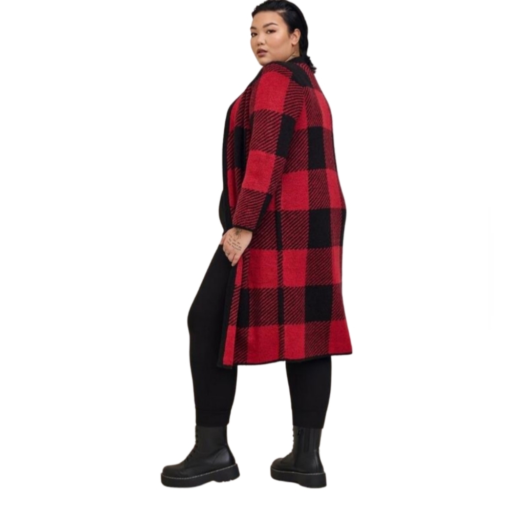 Torrid Plus Red & Black Plaid Jacquard Long Sweater Open Front Cardigan Warm - Picture 2 of 6